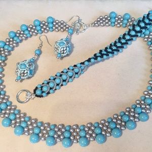Necklace Bracelet Earrings RAW Turquoise, silver color Handmade Necklace